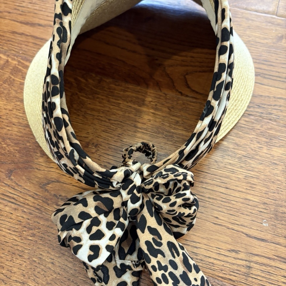 August Hat Company Straw Visor Sun Hat Animal Print Adjustable Tie Beach Travel - Picture 5 of 11